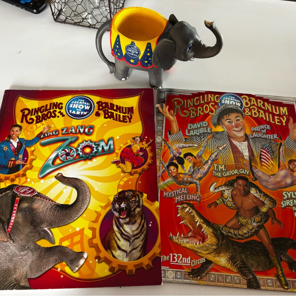 Ringling Brothers and Barnum & Bailey Circus Elephant souvenir cup and Books